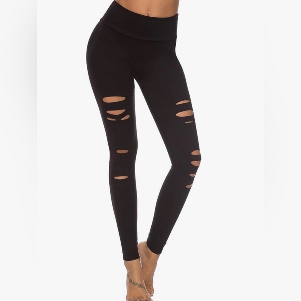 Dibaolong Skinny Ripped‎ Leggings L Large Black High Rise NWT